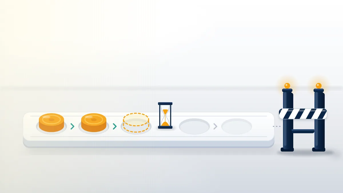 Strike track with two amber tokens and an hourglass before a closed gate, showing how many copyright strikes on TikTok lead to a ban.
