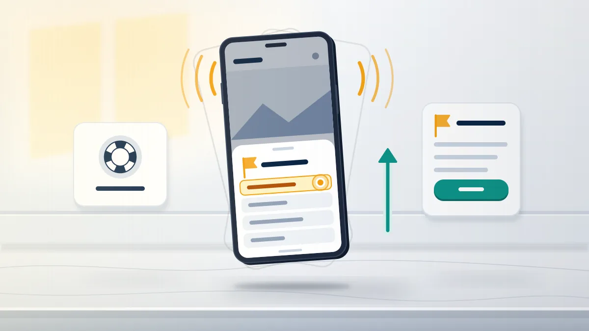 Phone with motion arcs and a report sheet sliding up, showing how to contact Instagram support with the shake-to-report gesture.
