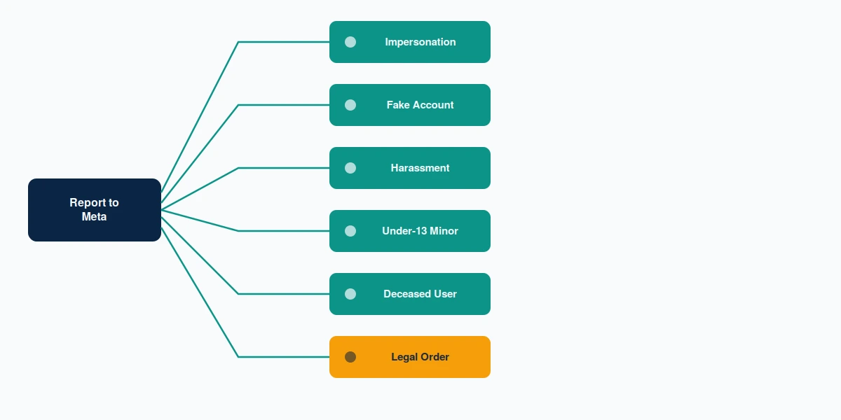Decision flow diagram mapping how to delete someone Instagram account permanently through each valid Meta report pathway.