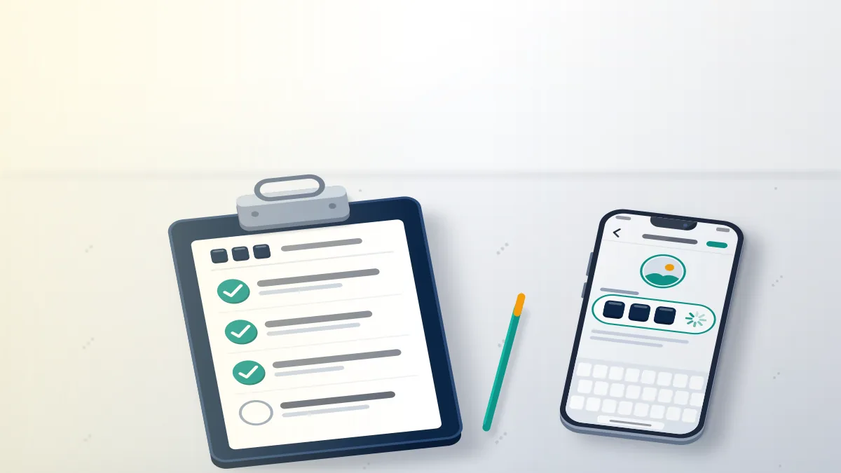 Clipboard checklist beside a phone with a three-tile handle, steps for how to get 3 letter username on instagram legitimately.