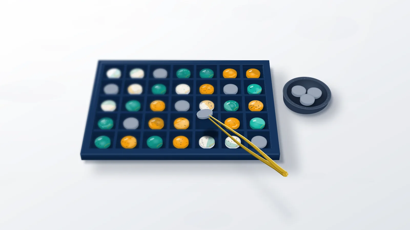 Tweezers lifting identical grey tokens from a tray of hand-glazed ones, how to get rid of bots on Twitter and keep real followers.