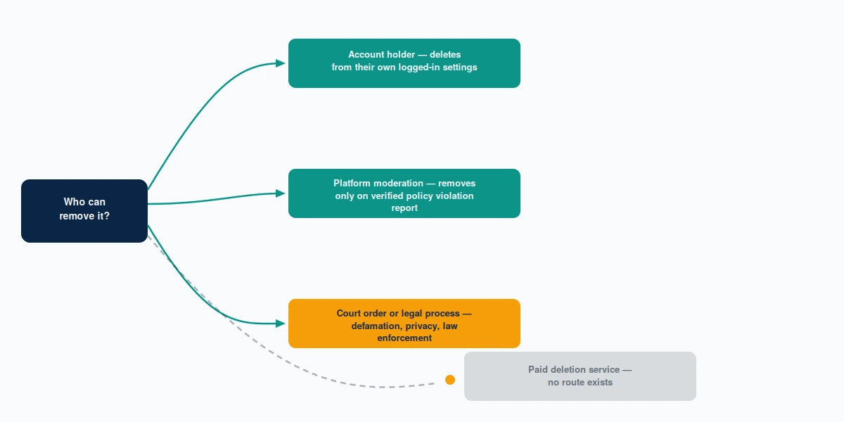 Decision flow diagram showing how to get someone's Twitter account deleted through the author, X moderation, or a court order.