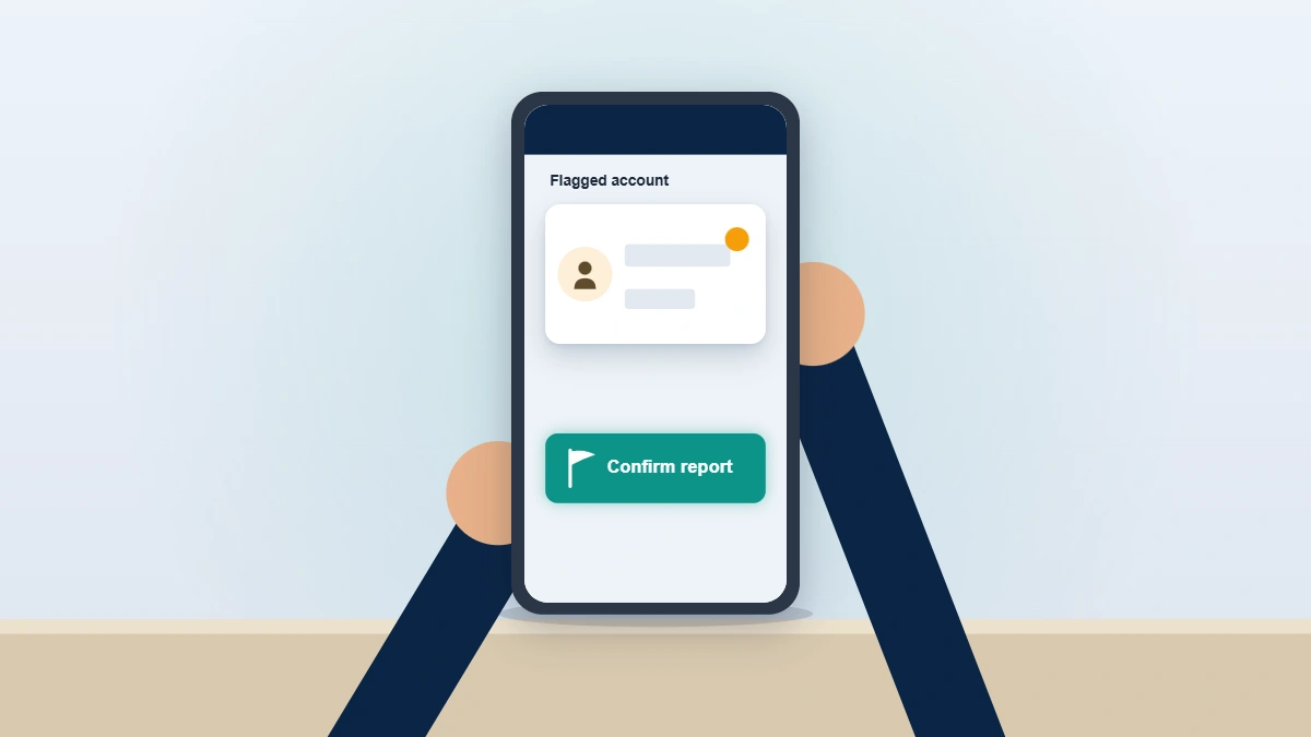 Photorealistic close-up of a person calmly submitting a report, showing how to get someone's WhatsApp banned the right way.