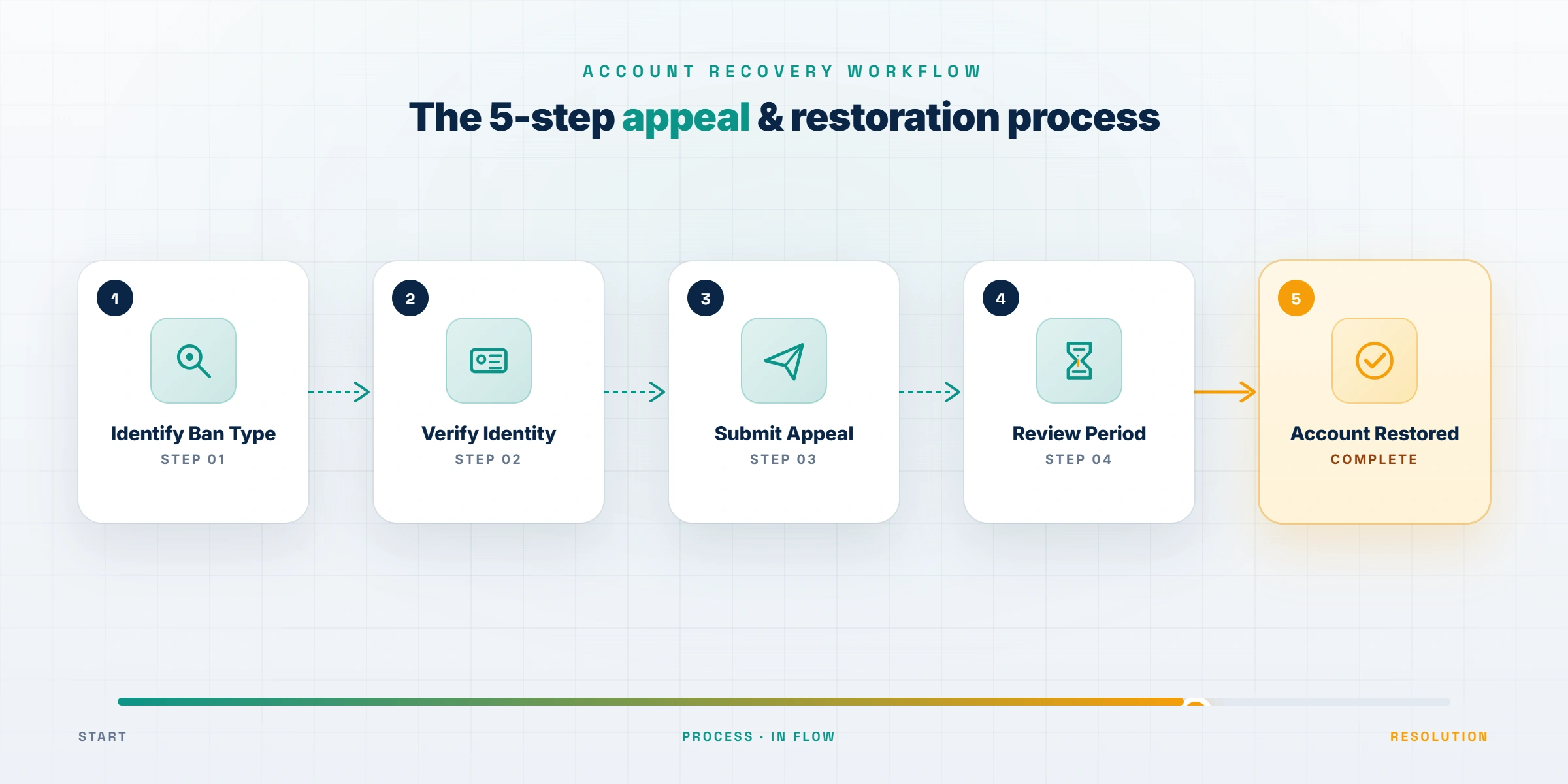 Step-by-step appeal flow diagram showing how to get unbanned from Instagram across identification, submission, and review stages.