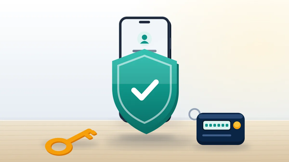 Phone behind a teal shield with a key and a two-factor token, a guard against instagram accounts getting suspended again.