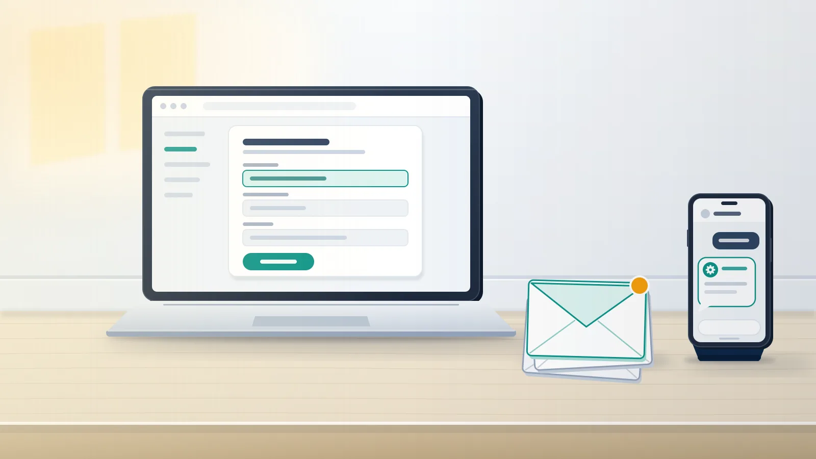 Laptop showing a support form beside envelopes and a phone chat bubble, the route for how to reach a human at X support.