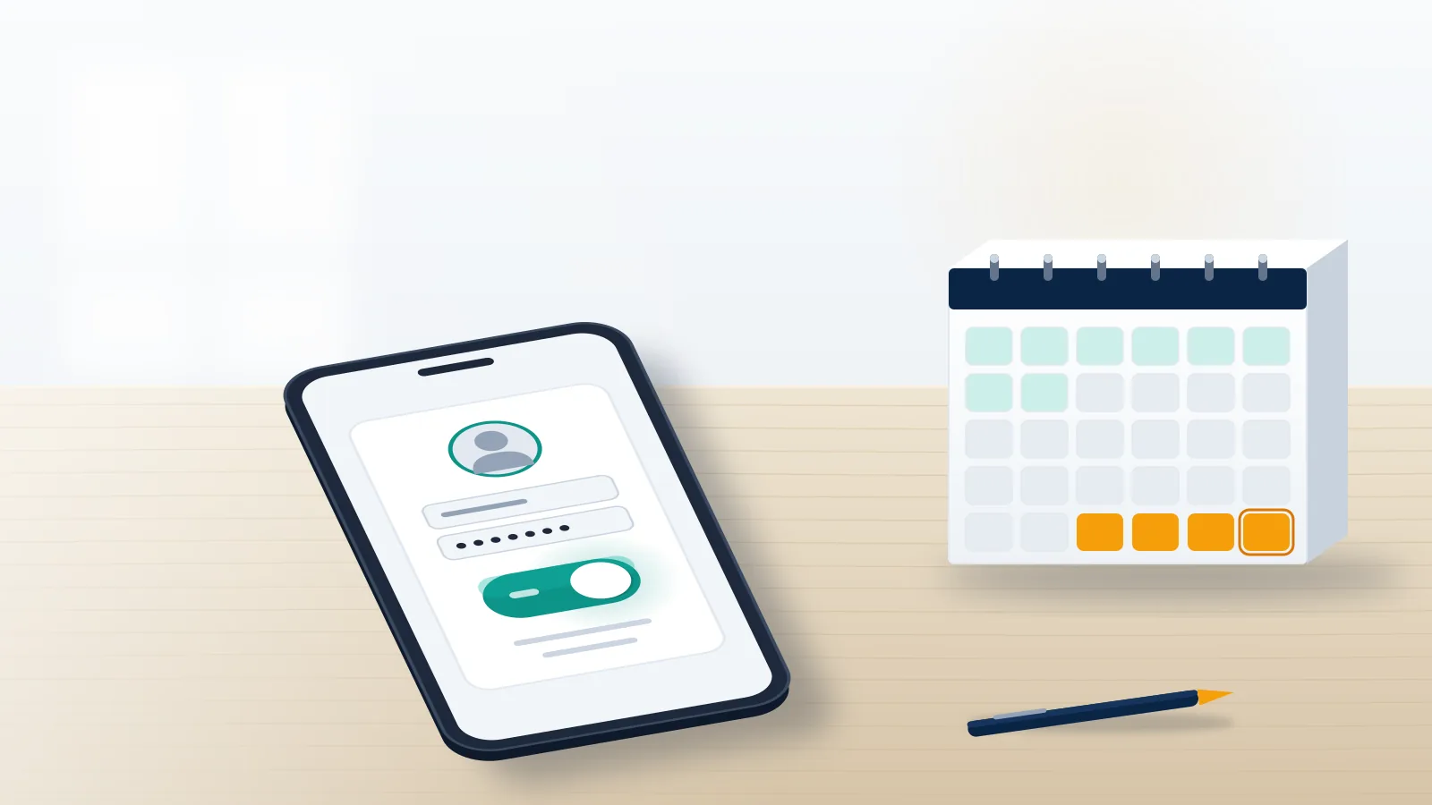Phone on a desk showing a login switch turning on beside a 30-day calendar, how to reactivate X account in time.