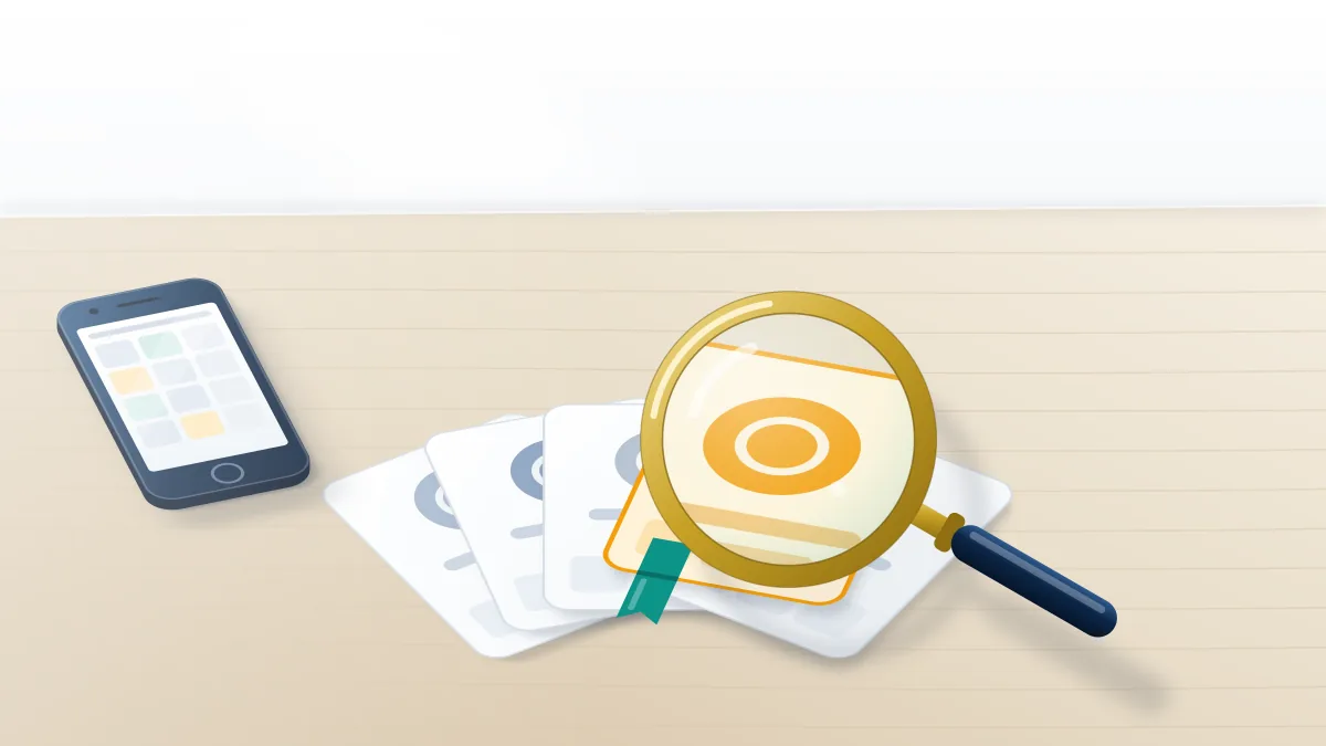 Magnifying glass over a stack of blank profile cards, one marked amber, the first clue in how to recover old TikTok account access.