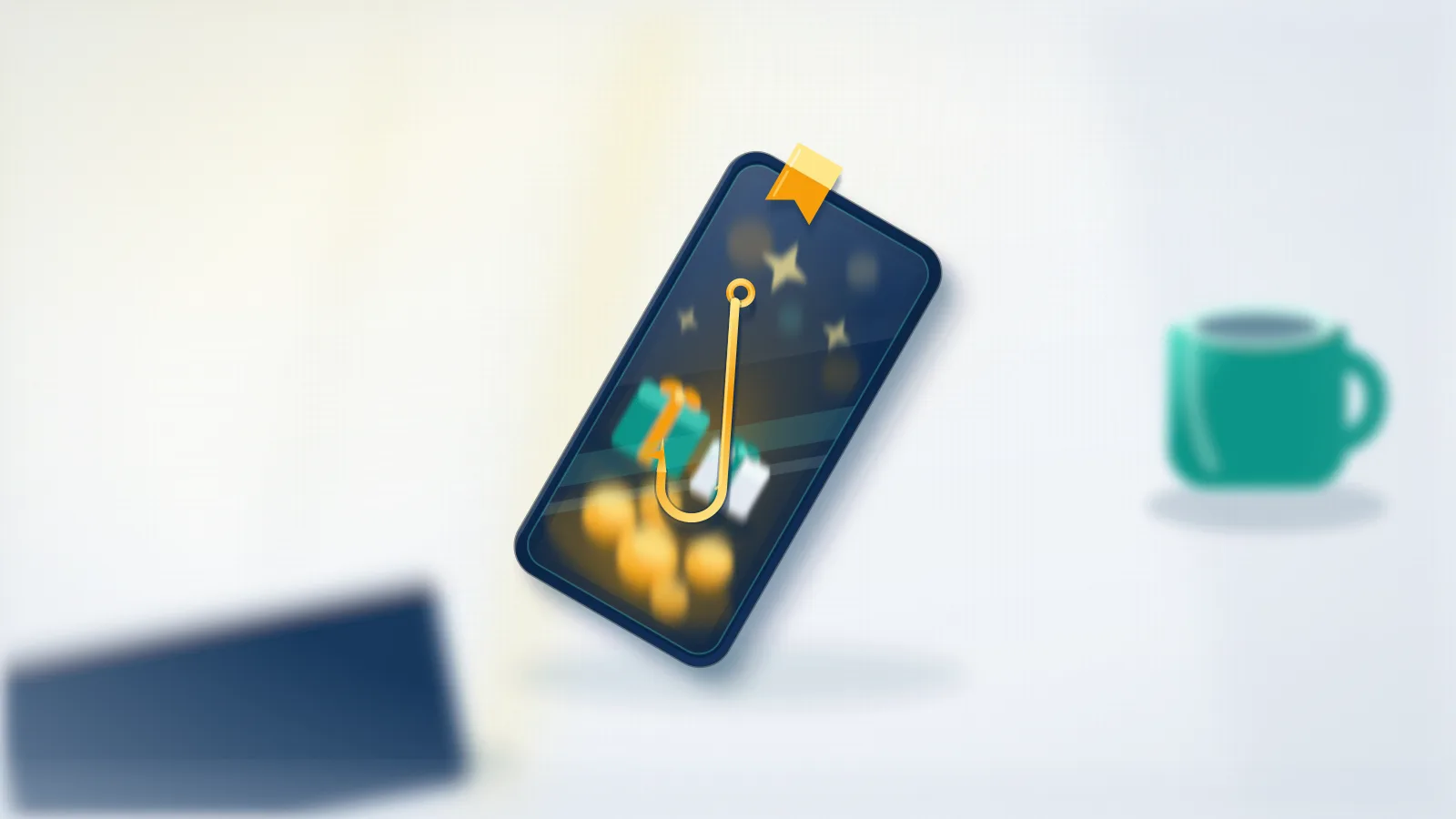 A fishhook resting on a phone's glossy giveaway video beside an amber flag tab, the moment to learn how to report a scammer on TikTok.
