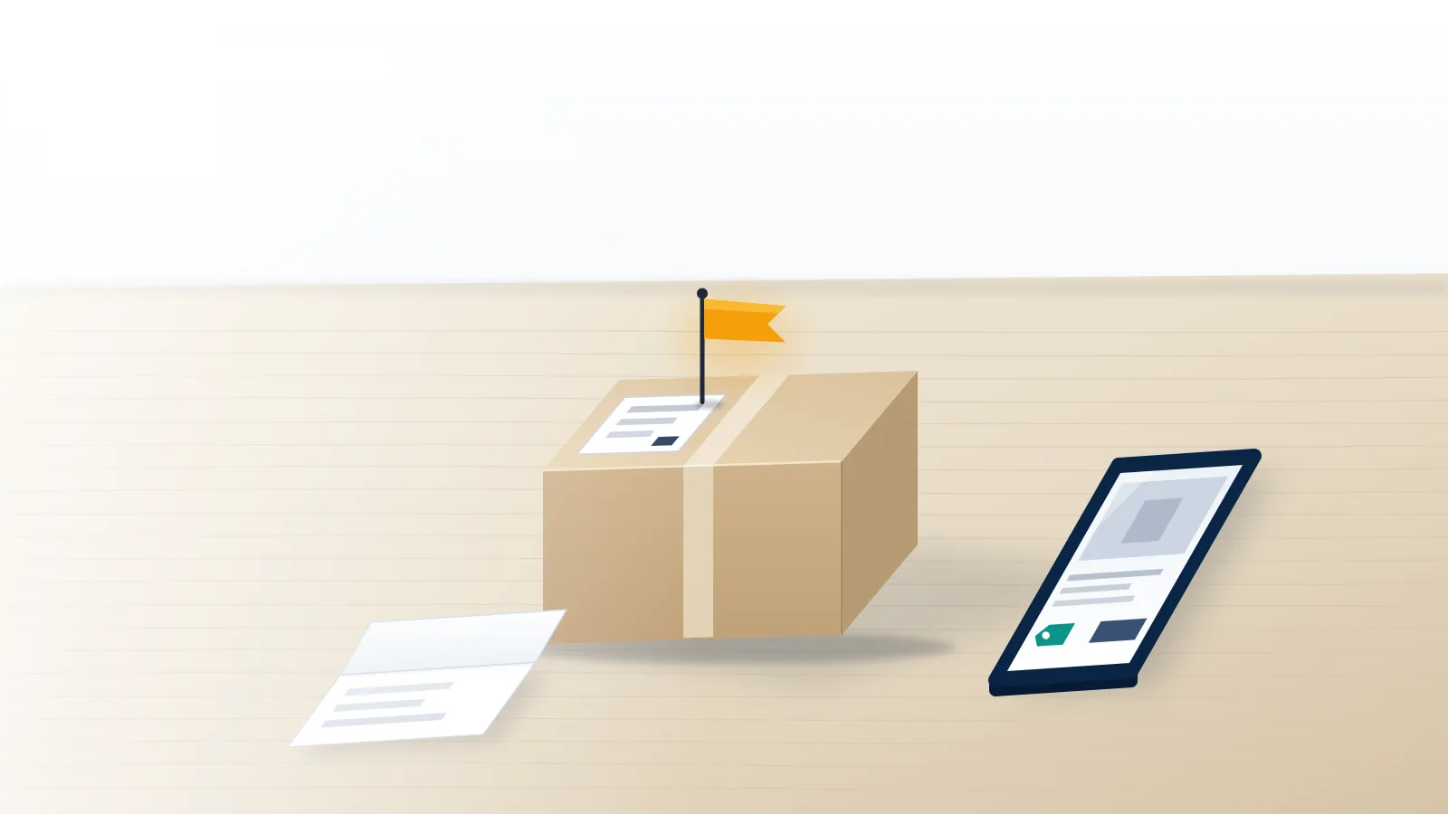 An amber flag tab clipped to a parcel's shipping label beside a phone showing a listing, the first step in how to report a seller on eBay.