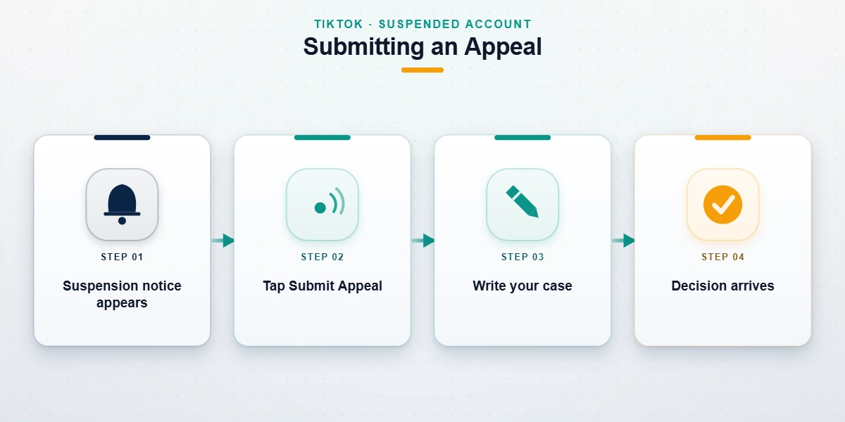 A four-step flow diagram showing how to submit an appeal on TikTok from the ban notice to a final review decision.