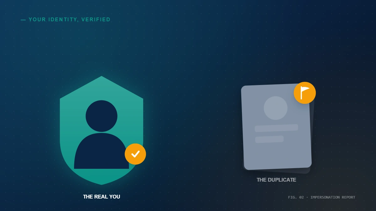 Concept illustration of reporting an impersonation when Facebook won't take down a fake profile of you, showing a verified identity shield.