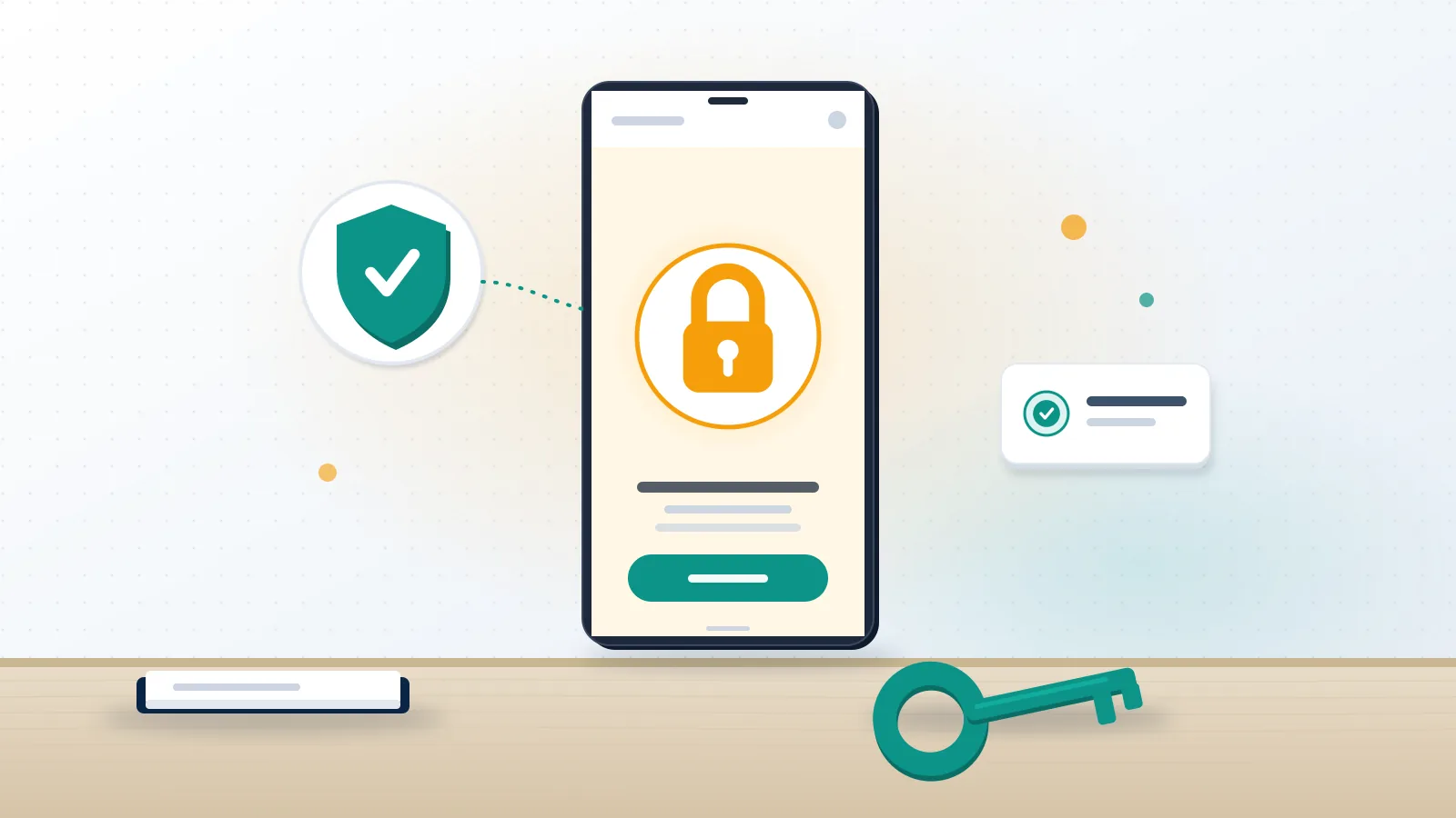 Smartphone on a desk with an amber padlock on screen and a teal key beside it, showing how to unlock instagram account access.