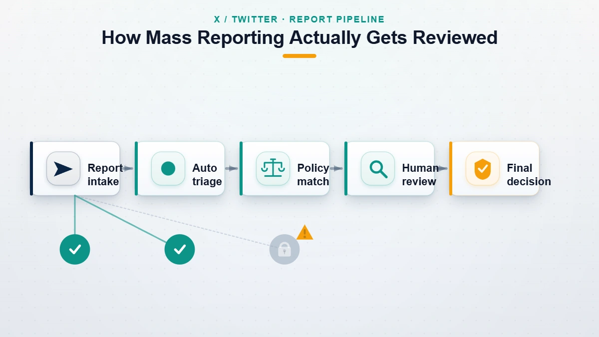 Diagram answering does mass reporting work on twitter by showing X weighing policy breach and evidence over report volume.