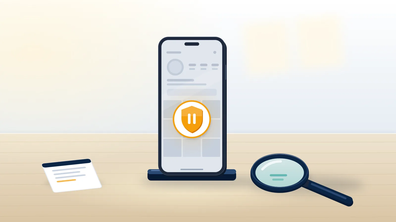 Phone on an oak desk with a greyed-out profile grid and an amber warning shield, an ig account suspended for no reason.