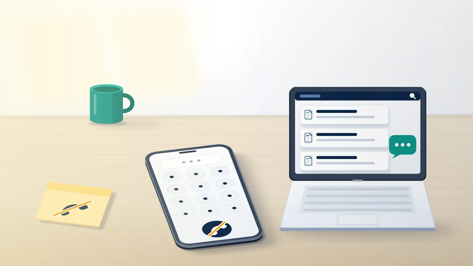 Phone dial pad with a crossed-out handset beside a laptop of help articles: there is no IG support number to call.