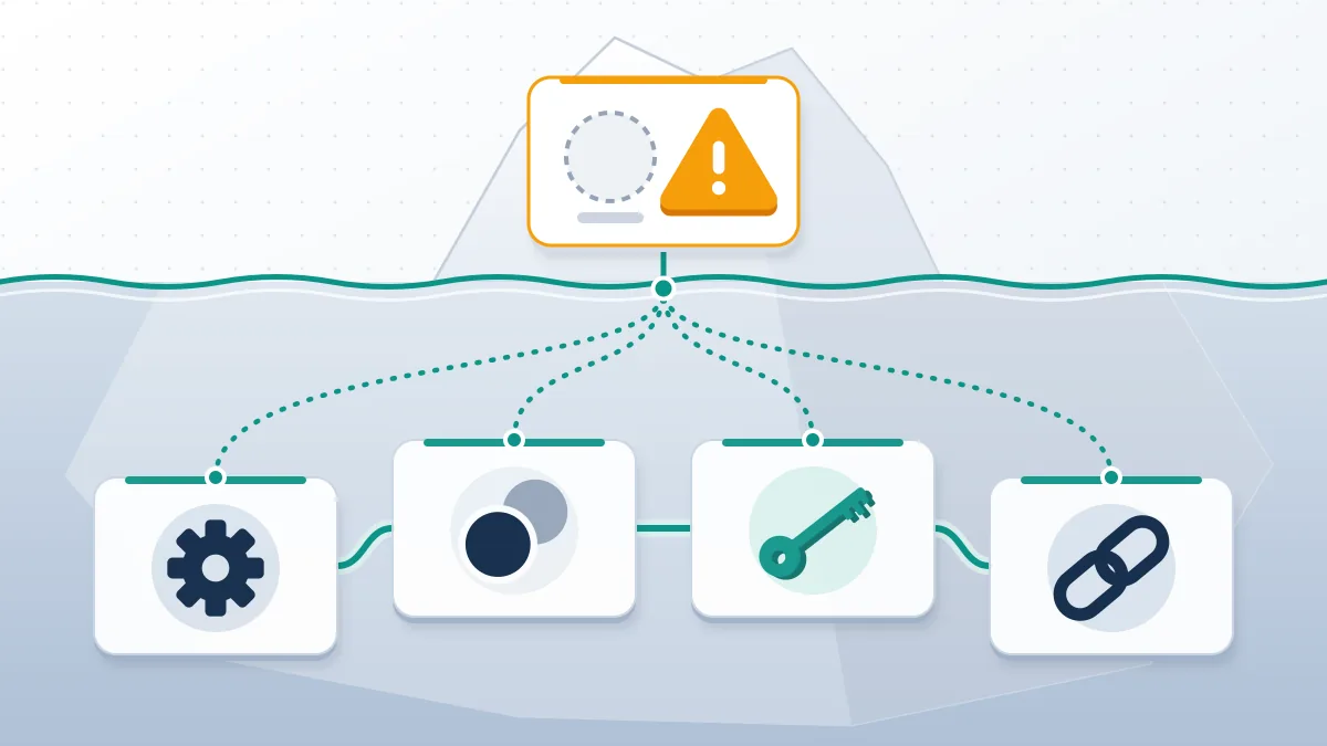 Iceberg diagram for an Instagram account deleted for no reason: one visible warning above, four linked hidden causes below.