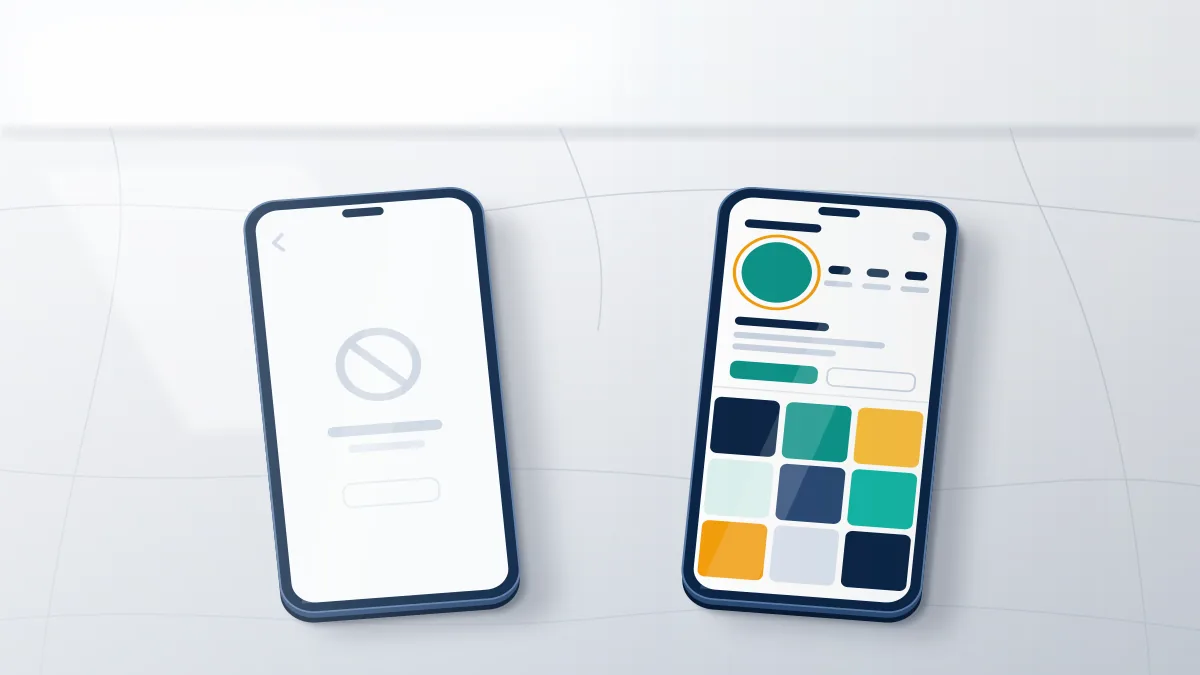 Two phones side by side: an Instagram account user not found screen with a blank icon next to a normal, filled profile grid.