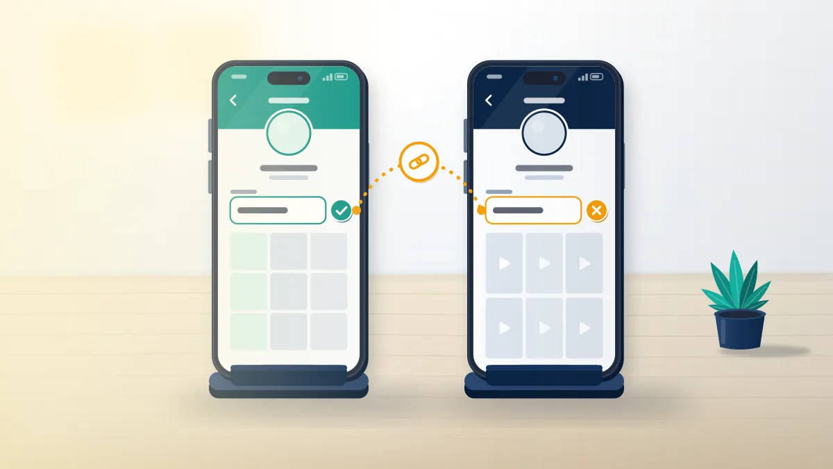 Instagram and TikTok name checker view: the same username typed on two phones, available on one platform and taken on the other.