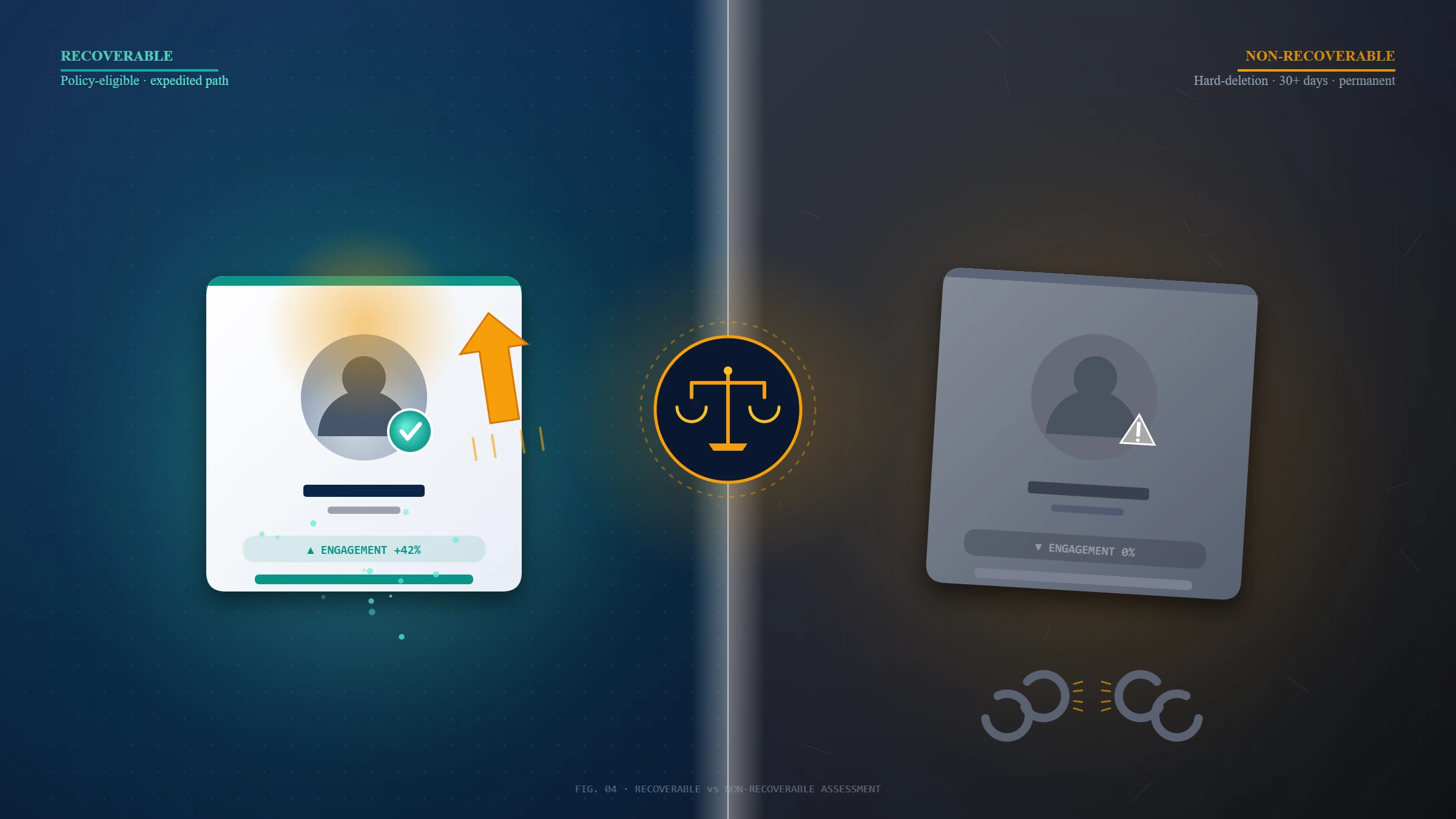 Side-by-side conceptual comparison of recoverable versus non-recoverable cases handled by an Instagram business account unban service.