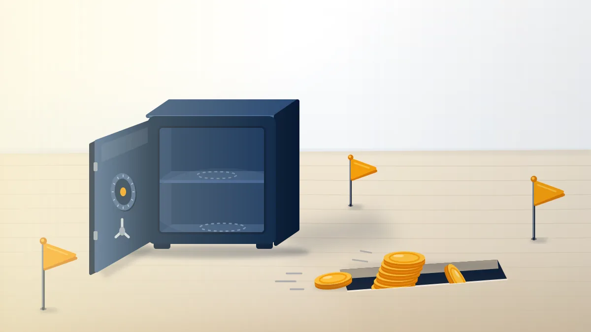 An empty escrow safe, coins sliding into a gap in the table and three warning flags show the red flags of an instagram handle broker.