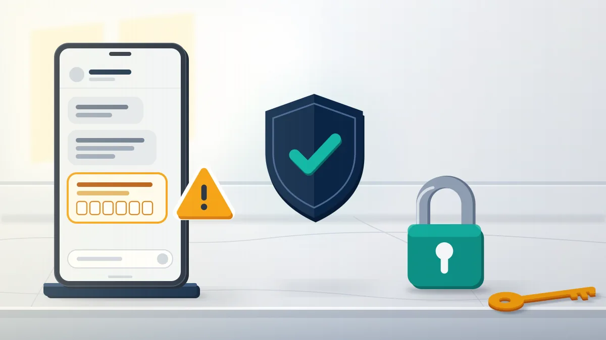 Phone chat with one flagged message and a shield guarding a padlock and key: a fake Instagram help desk asking for a login code.