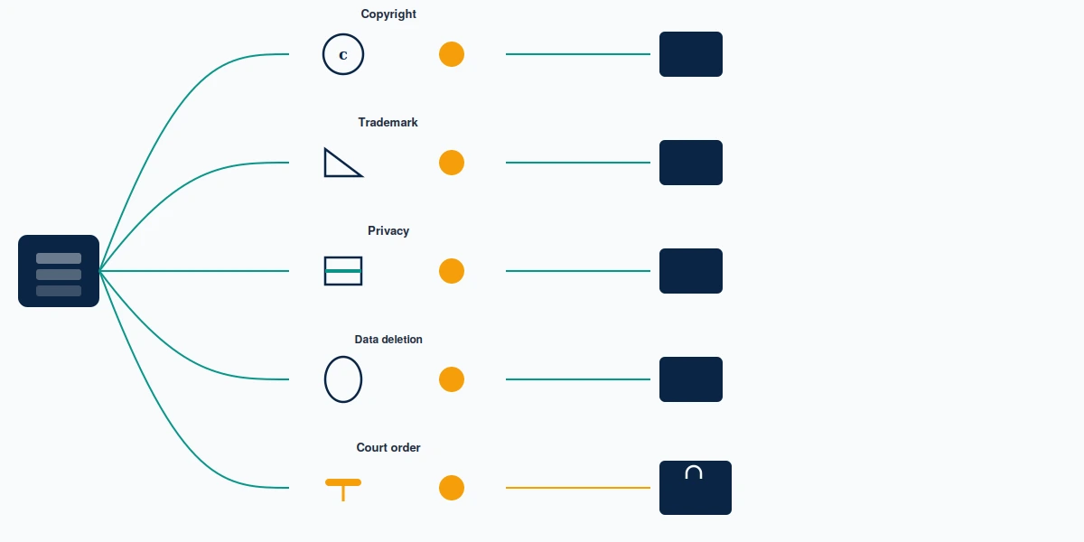 Routing map showing how each instagram takedown request lands in a different Meta review queue with its own evidence rules.