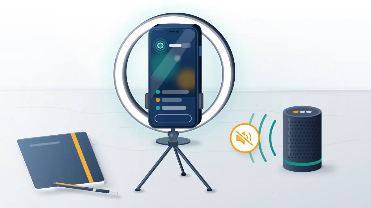 Phone on a tripod with a ring light and a muted speaker, illustrating Instagram Live copyright rules for background music.