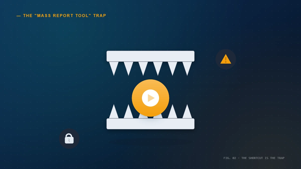 Concept illustration warning that an Instagram mass report bot, tool, or paid service is a scam trap rather than a working shortcut.