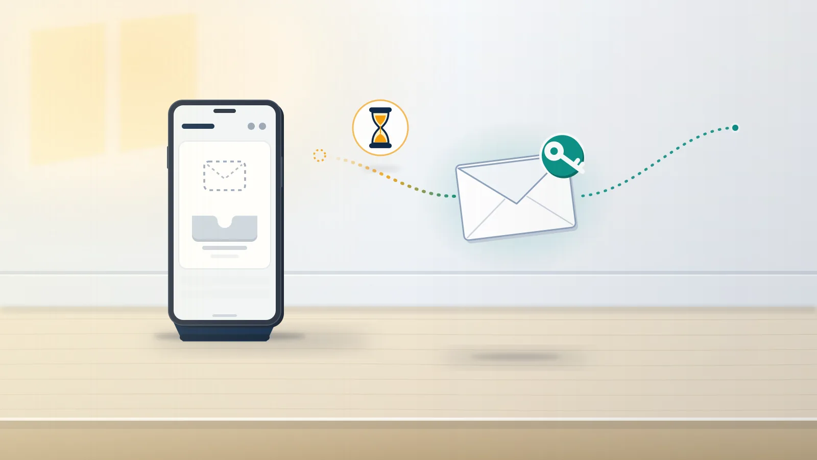 Phone on a table showing an empty inbox while an Instagram password reset email with a key stalls mid-air beside an hourglass.