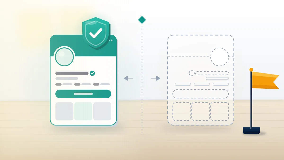 A real profile card under a teal shield and a hollow lookalike marked by an amber flag, reporting a dormant impersonator account.