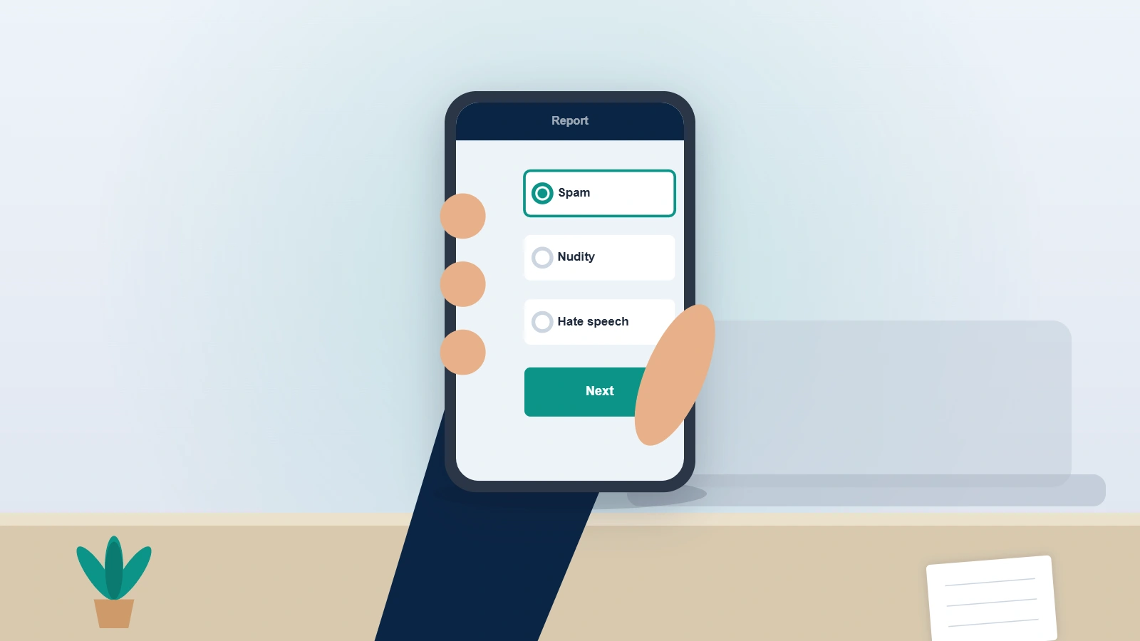 Calm person using Instagram's official report menu on a phone, revealing the truth behind the instagram spam report bot myth.