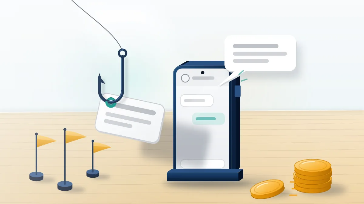 A blank handle tag dangling from a fishing hook beside amber warning flags, the red flags of an Instagram username claimer scam.