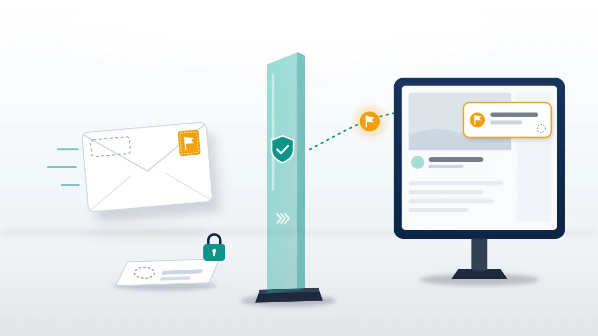 A sealed report card passing behind a teal shield to a monitor, showing that reporting on Twitch is anonymous to the channel.