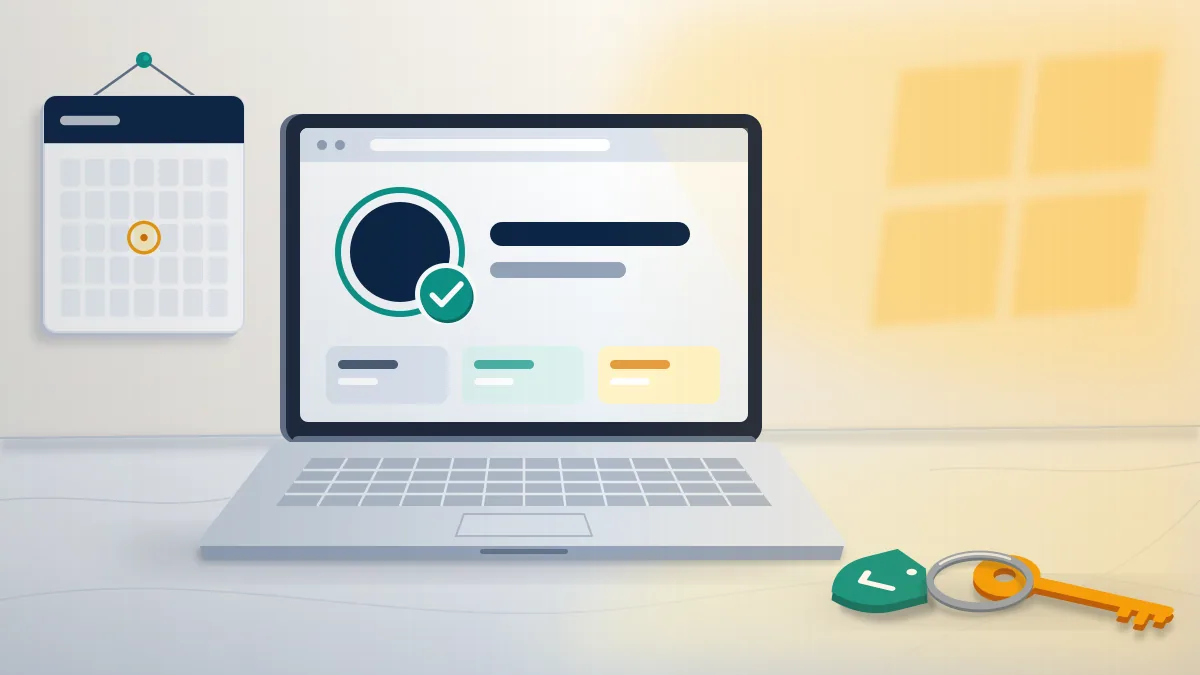 Laptop with a teal check beside a key, a shield fob and a ringed calendar day: the login habit that keeps an old Facebook account.