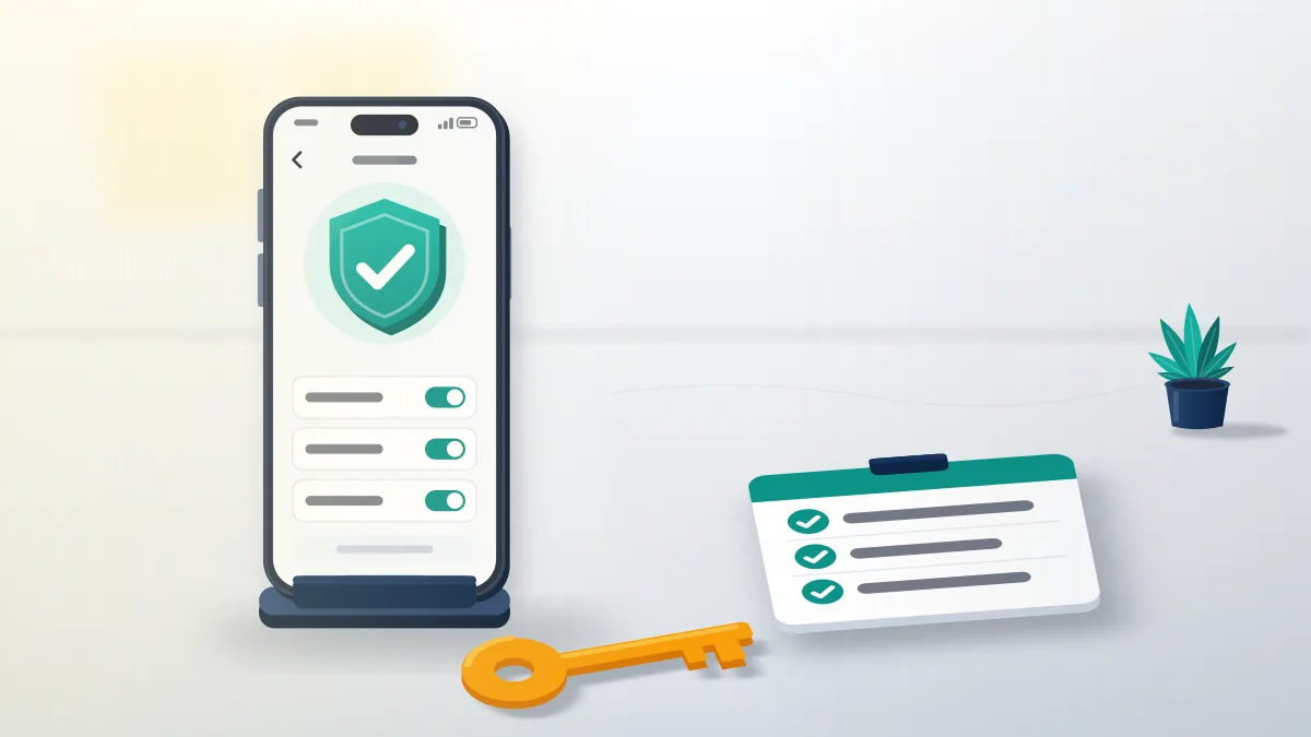 Phone with a shield and check mark next to a key and a checklist card, steps that keep an old inactive Instagram account secure.