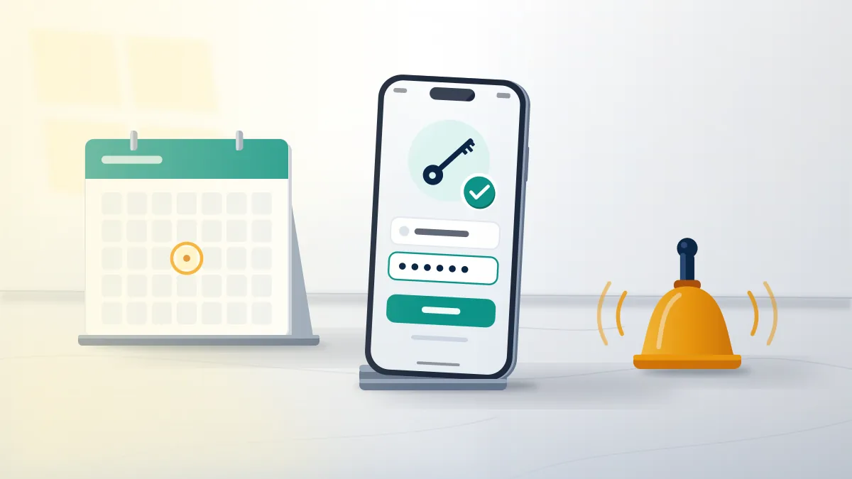 Phone with a key and a teal check beside a ringed calendar day, the login habit that keeps an old TikTok account active.