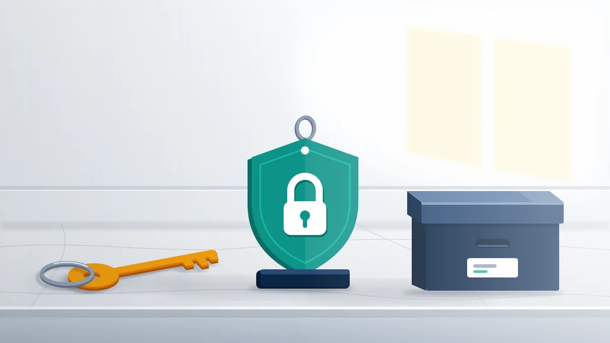 Key, shield fob and a closed archive box on a stone table: keep, lock down or close an old Twitter account before it is removed.