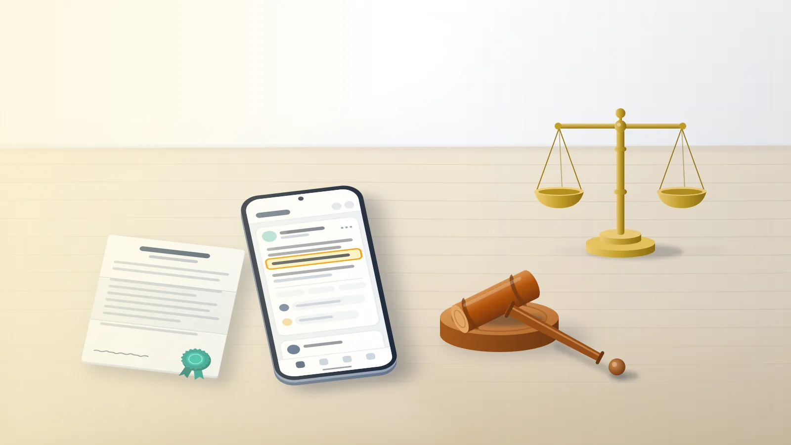 Phone beside a gavel and balance scale showing a flagged post, the starting point of any claim of libel on Facebook.