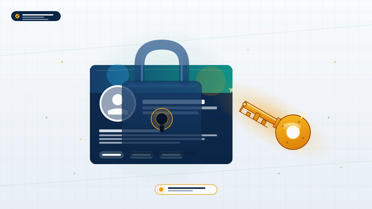 Visual metaphor for linkedin restricted account recovery shown as a padlocked profile card with a recovery key beside it.