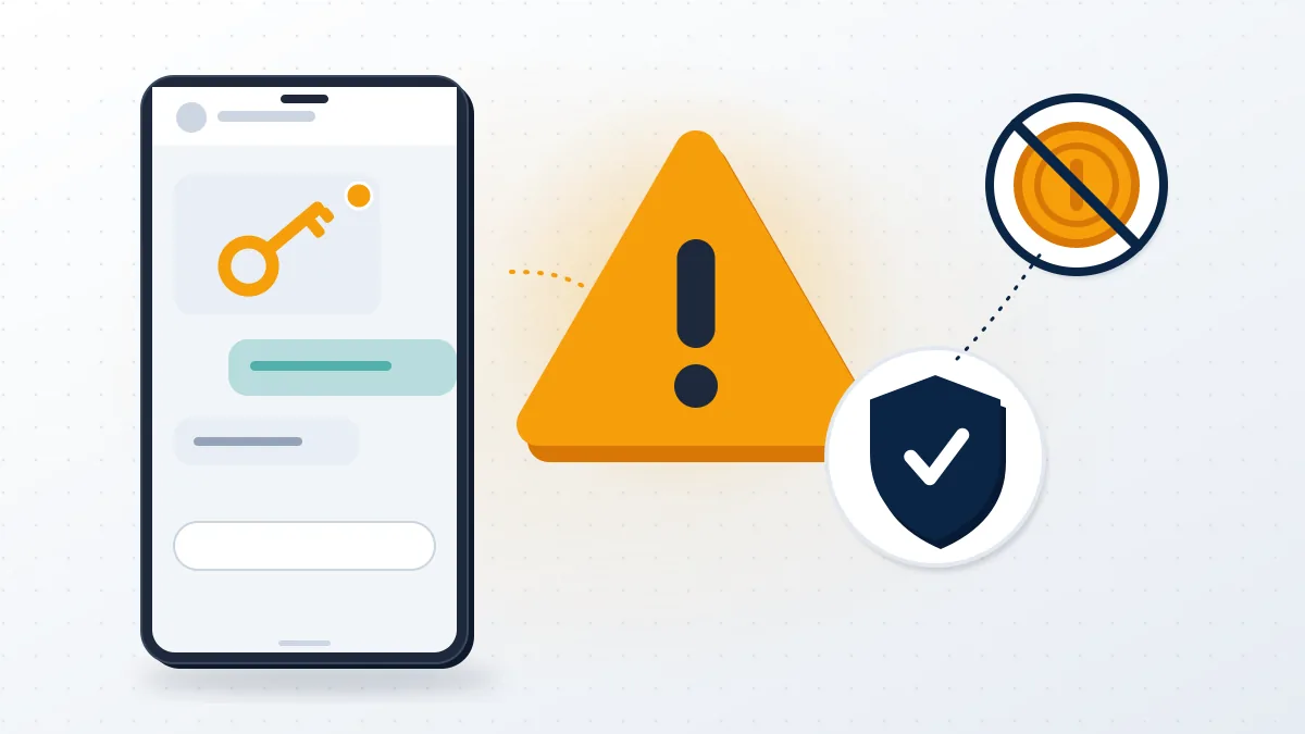 Phone with a fake key in a chat bubble blocked by a navy shield and an amber warning sign, a locked instagram account recovery scam.