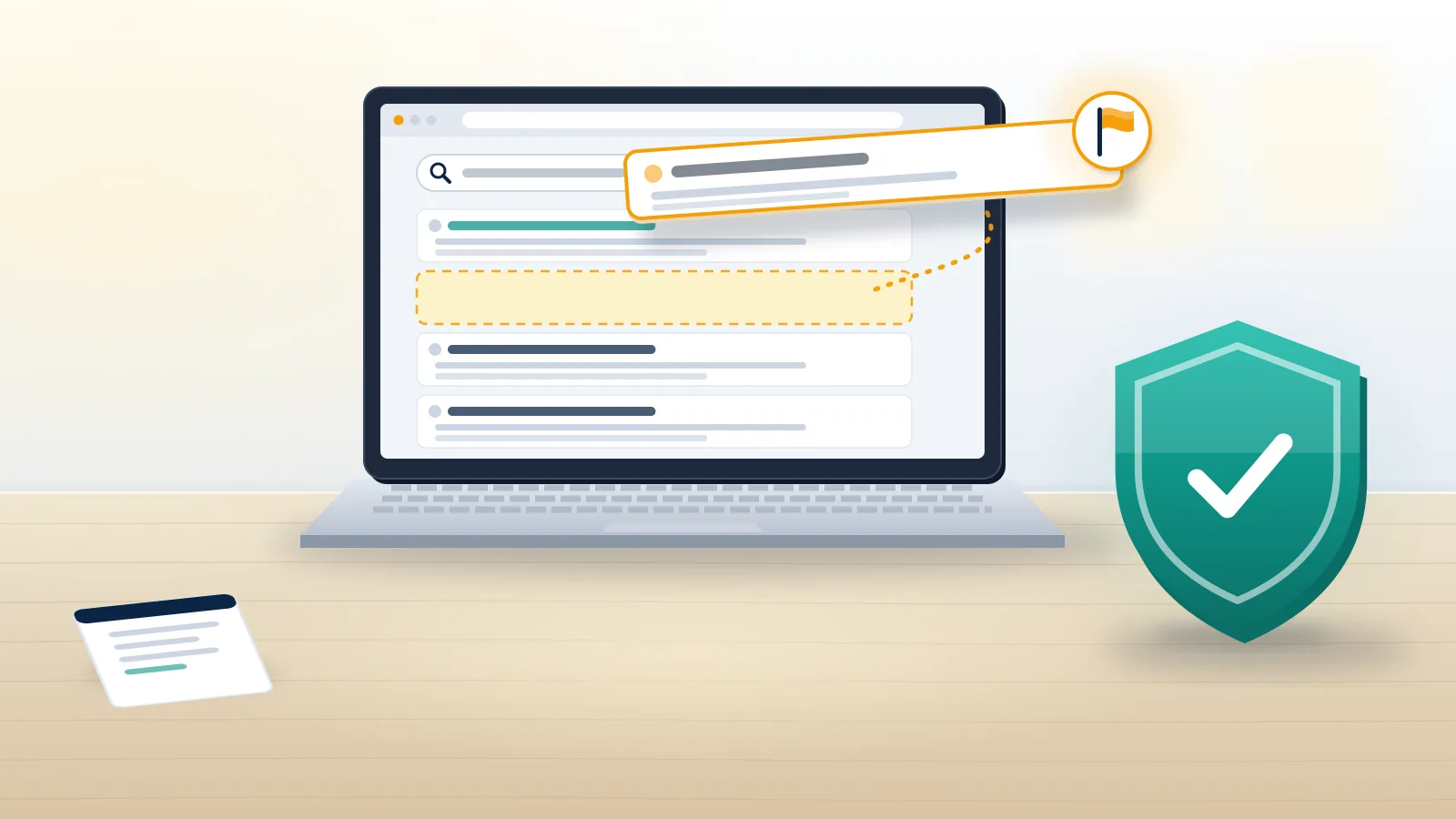 Laptop showing a search result lifted out and flagged, illustrating negative content removal Australia requests.