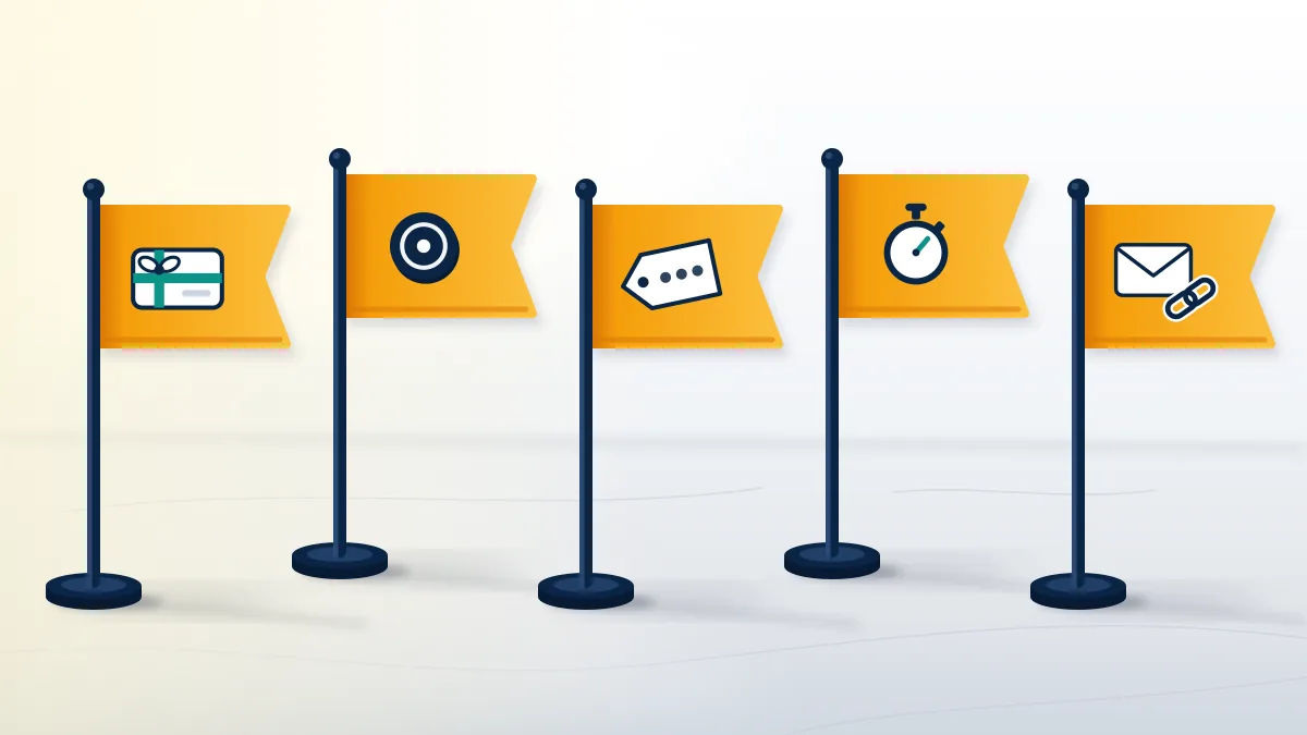 Five amber flags on a stone table marking warning signs on OG TikTok usernames for sale, from gift cards to rushed deadlines.