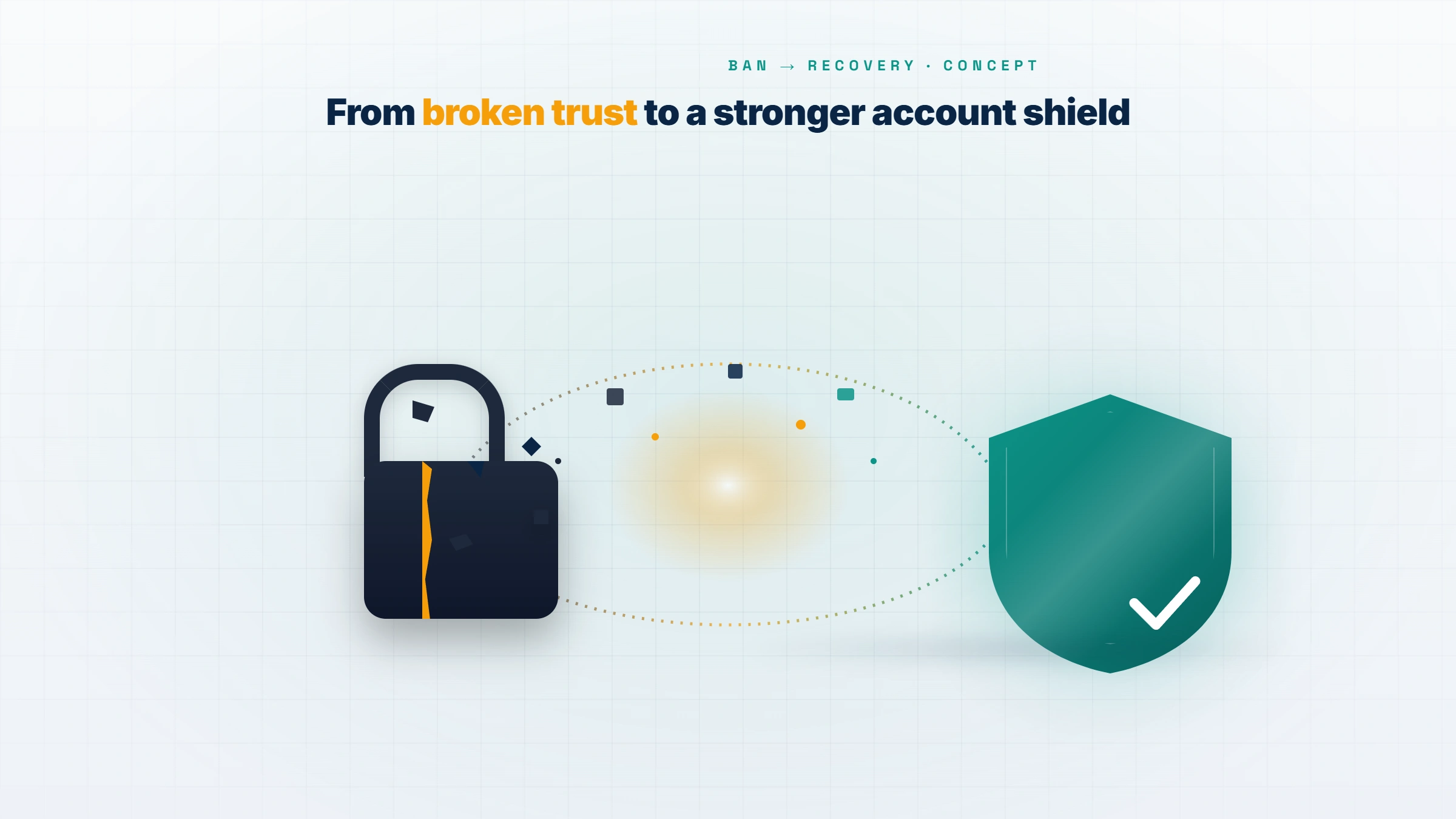 Conceptual illustration of a broken padlock reforming into a shield, symbolising preventing a Facebook account ban and rebuilding trust.