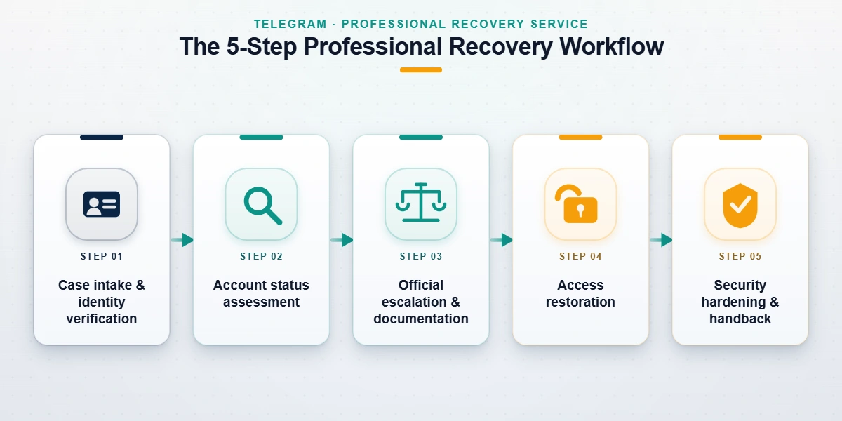 Five-step diagram showing how a professional telegram account recovery process works from intake to secure handback.