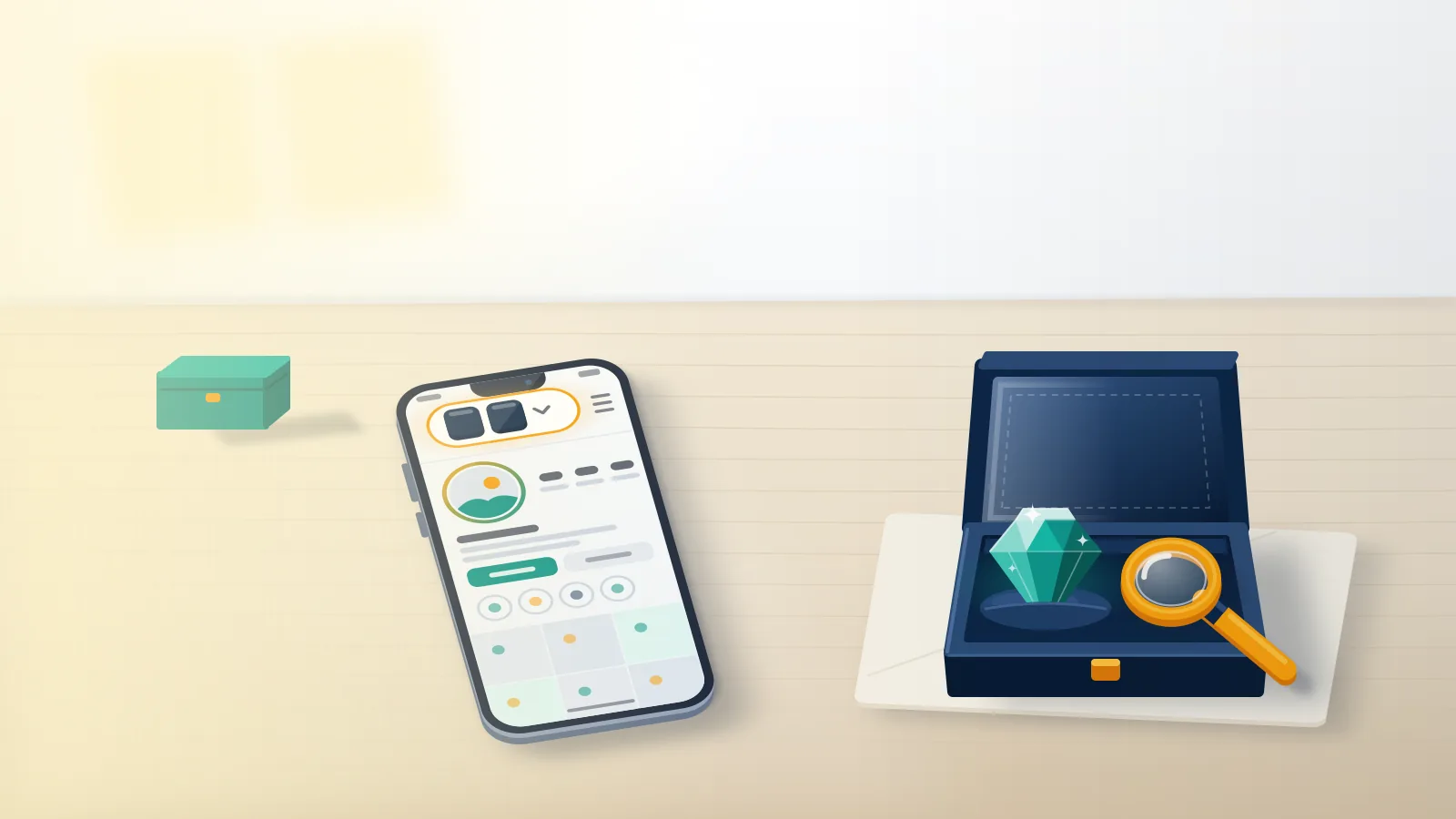 Phone showing a two-character handle beside a teal gem and amber loupe, a picture of how rare Instagram usernames are valued.
