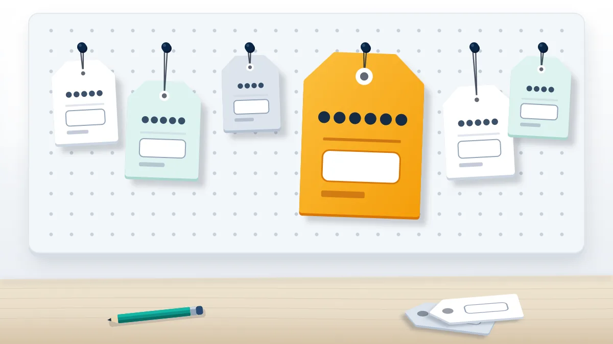Shelf of masked handle tags with blank price labels, the way rare TikTok usernames for sale are listed before any name is shown.
