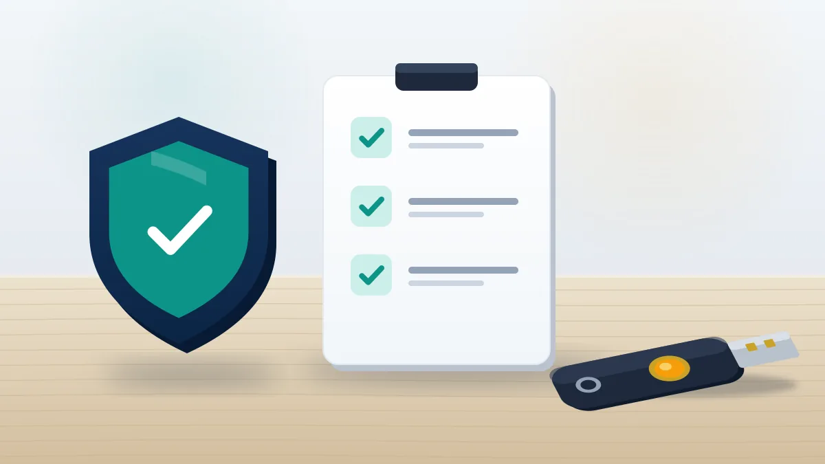 Shield badge, ticked checklist and hardware key on a desk, the security steps after you reactivate my Twitter account.