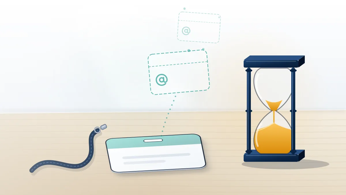 Empty name tag beside an hourglass, showing why you cannot recover deleted Telegram account by username once the handle is released.