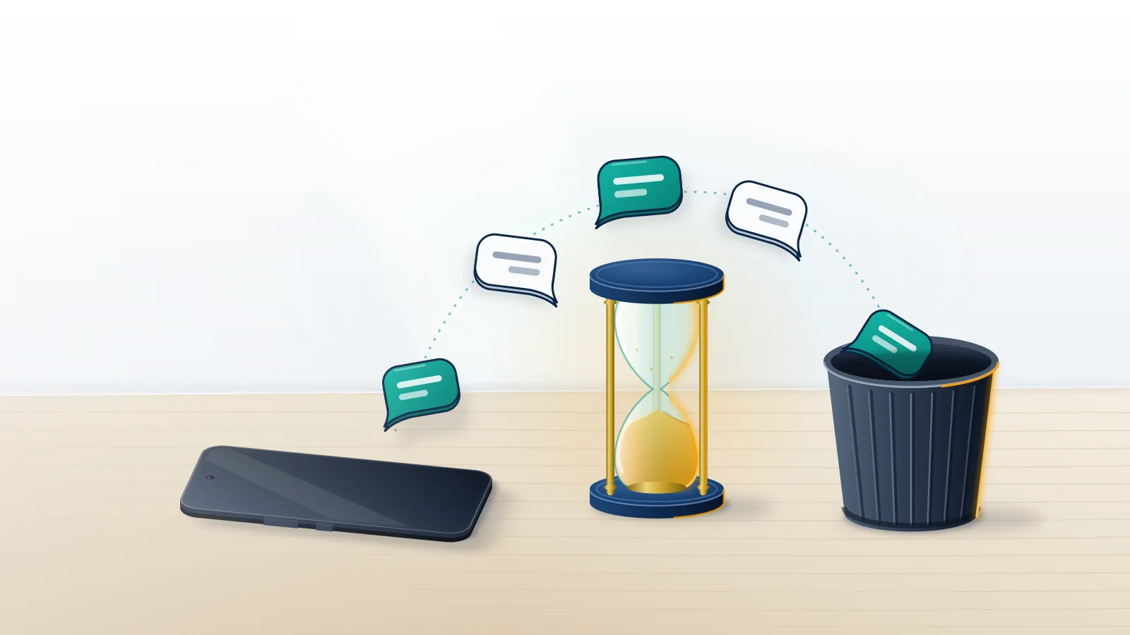 A dark phone on an oak table, an empty hourglass and chat bubbles falling into a bin: the attempt to recover deleted Telegram account data.